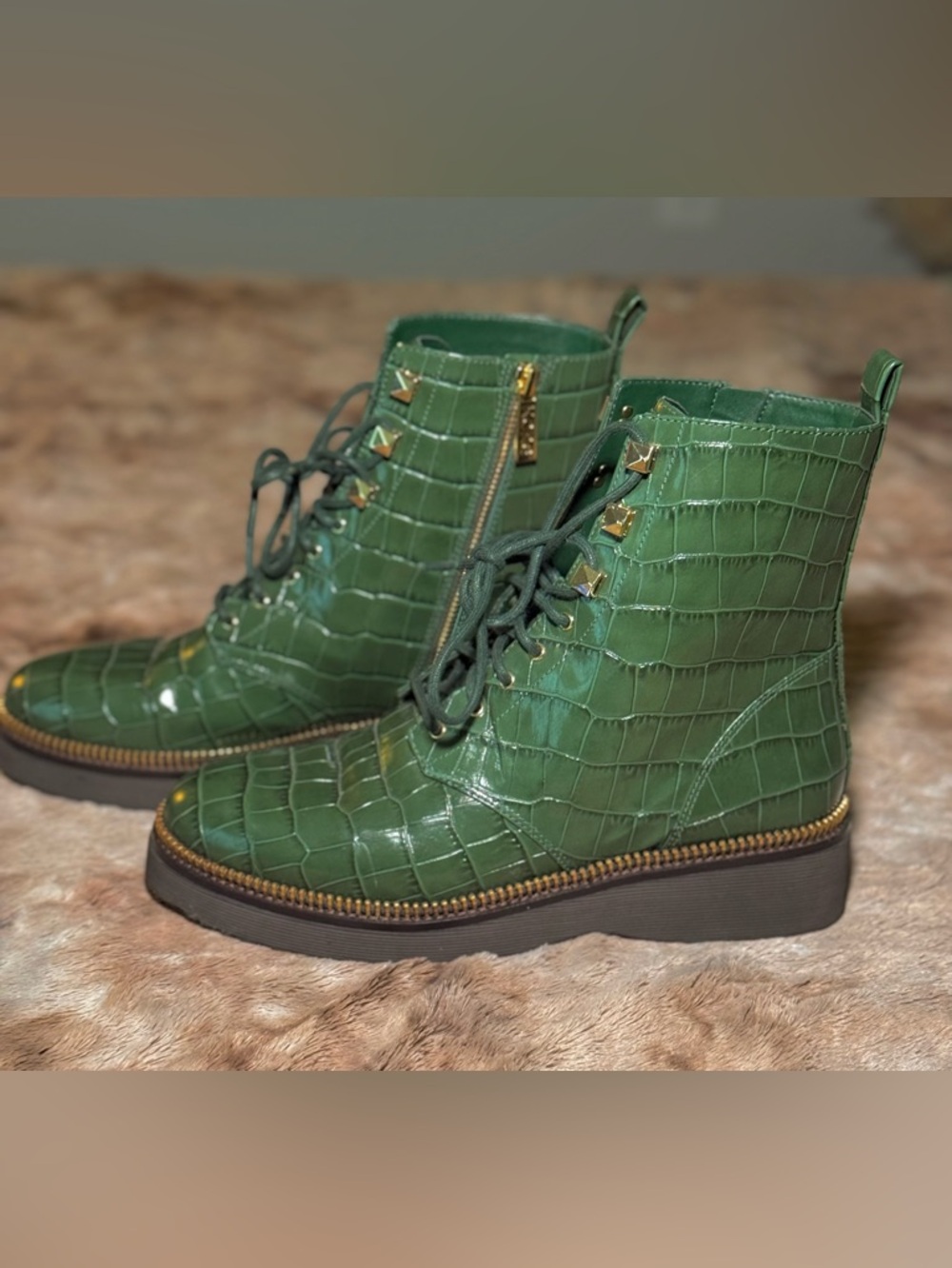 Michael Kors Green Crocodile-Embossed Leather Lace-Up Boots - Picture 3 of 10